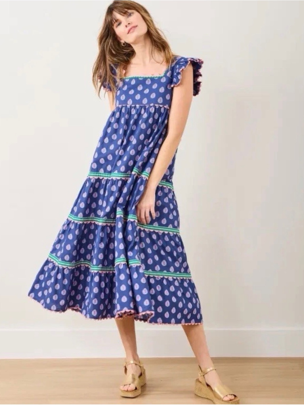 Printfresh Blue Printed Ruffle-Shoulder Tiered Midi Boho Dress Size M
